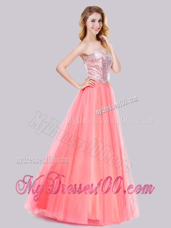 Latest A Line Tulle Sequined Long Evening Dress in Watermelon
