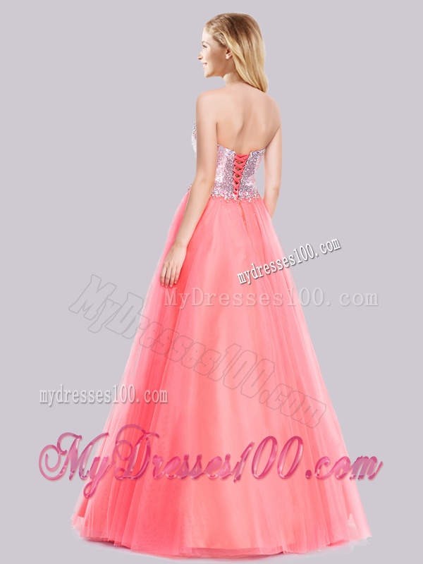 Latest A Line Tulle Sequined Long Evening Dress in Watermelon