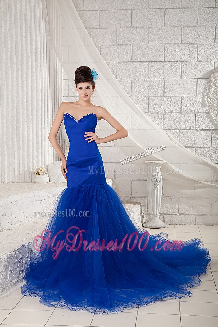 Mermaid Back Out Prom Dress with Beaded Sweetheart and Tulle Court Train