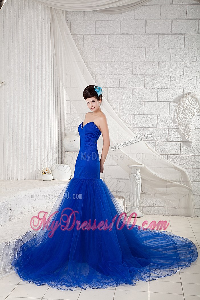 Mermaid Back Out Prom Dress with Beaded Sweetheart and Tulle Court Train