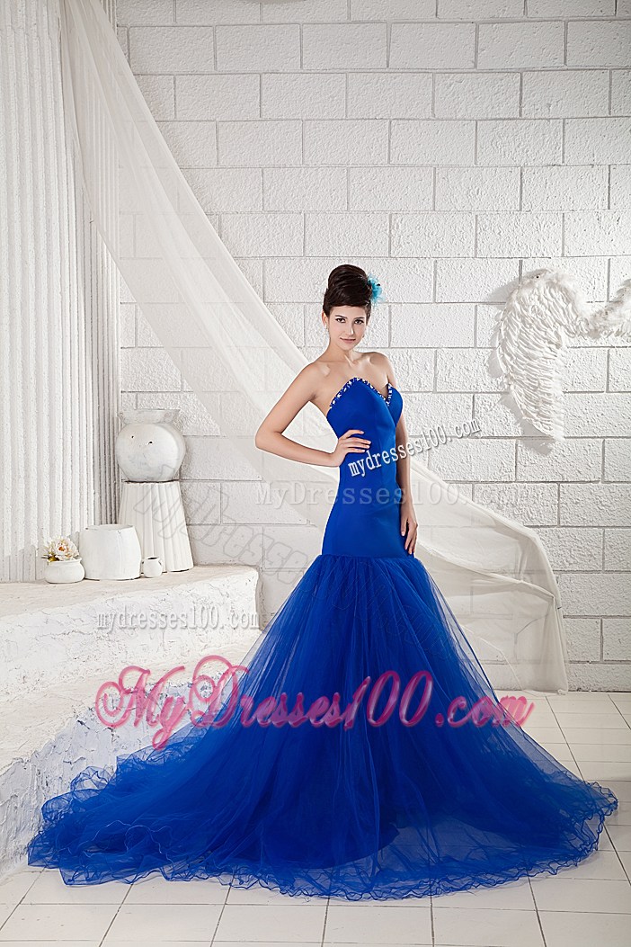 Mermaid Back Out Prom Dress with Beaded Sweetheart and Tulle Court Train