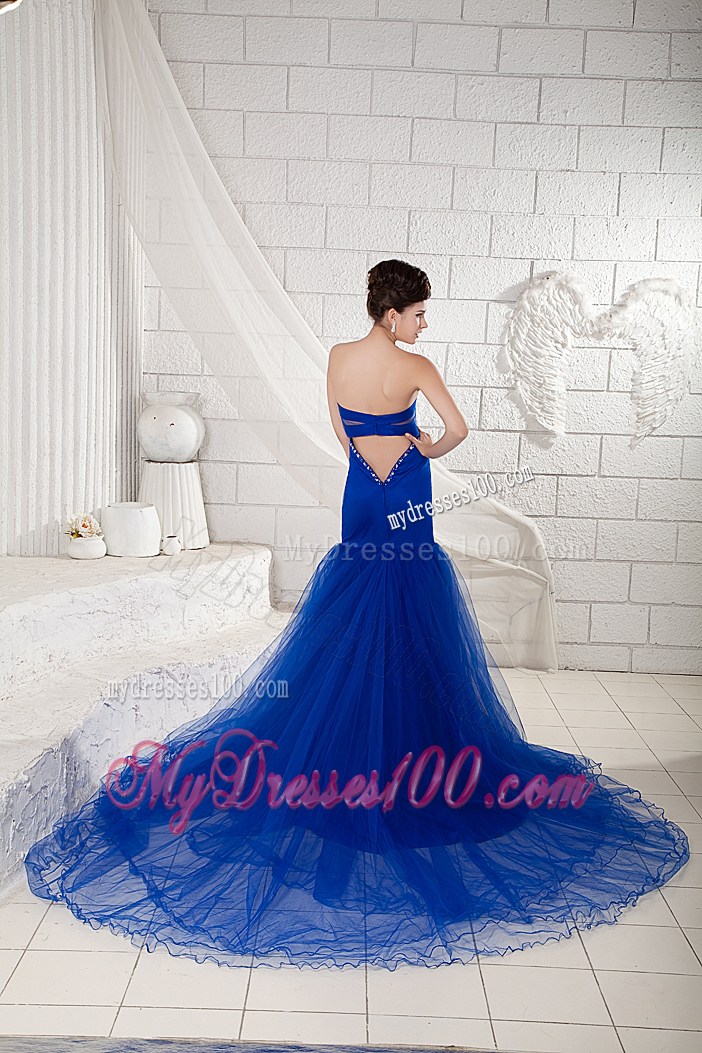 Mermaid Back Out Prom Dress with Beaded Sweetheart and Tulle Court Train