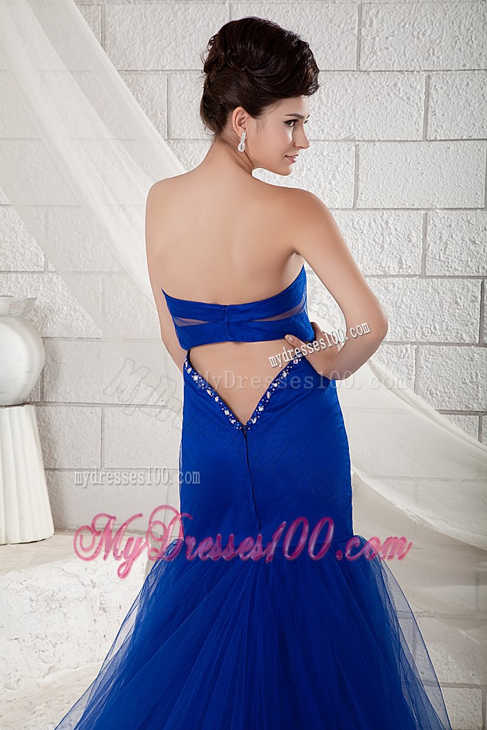 Mermaid Back Out Prom Dress with Beaded Sweetheart and Tulle Court Train