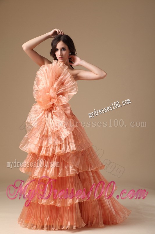Unique Orange Red Prom Dress A-line Style Ruffles And Flower Decorate