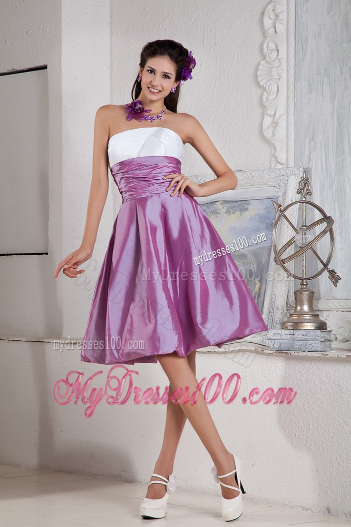 Cheap White and Lavender Prom Gown of Knee-Length