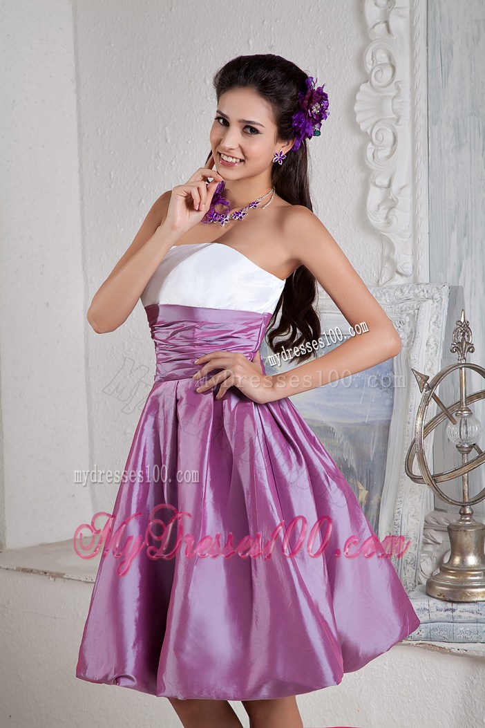 Cheap White and Lavender Prom Gown of Knee-Length