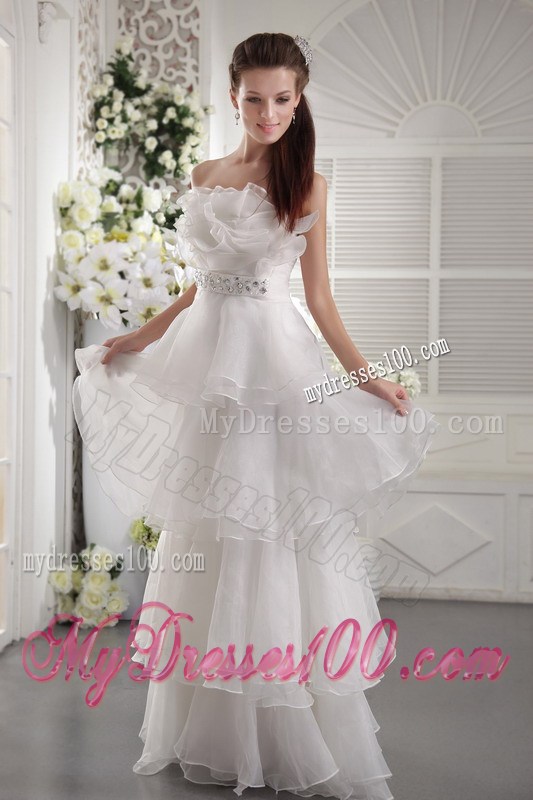 Ruched White Floor-length Prom Dress with Ruffled Layers