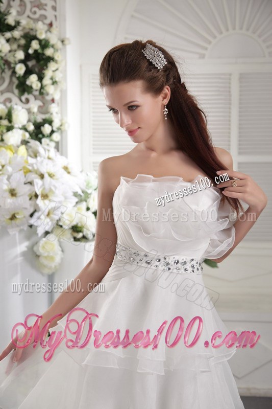 Ruched White Floor-length Prom Dress with Ruffled Layers