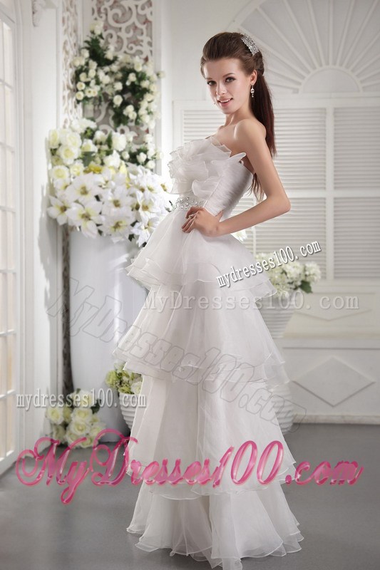 Ruched White Floor-length Prom Dress with Ruffled Layers