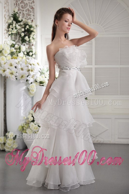 Ruched White Floor-length Prom Dress with Ruffled Layers