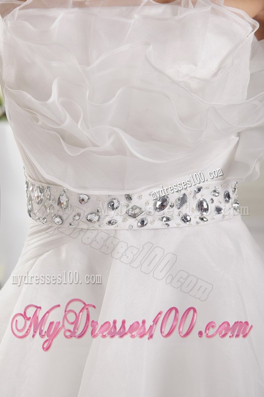 Ruched White Floor-length Prom Dress with Ruffled Layers