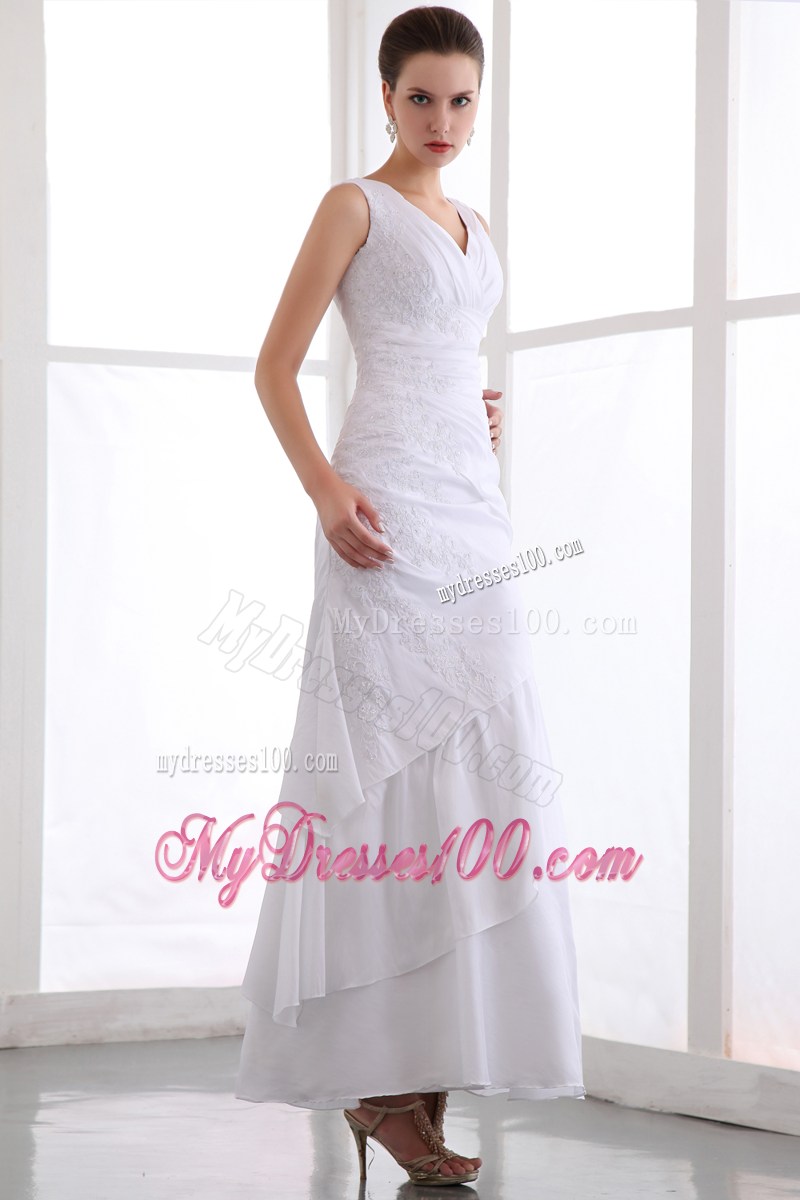V-neck White Column Prom Dresses of Ankle-length