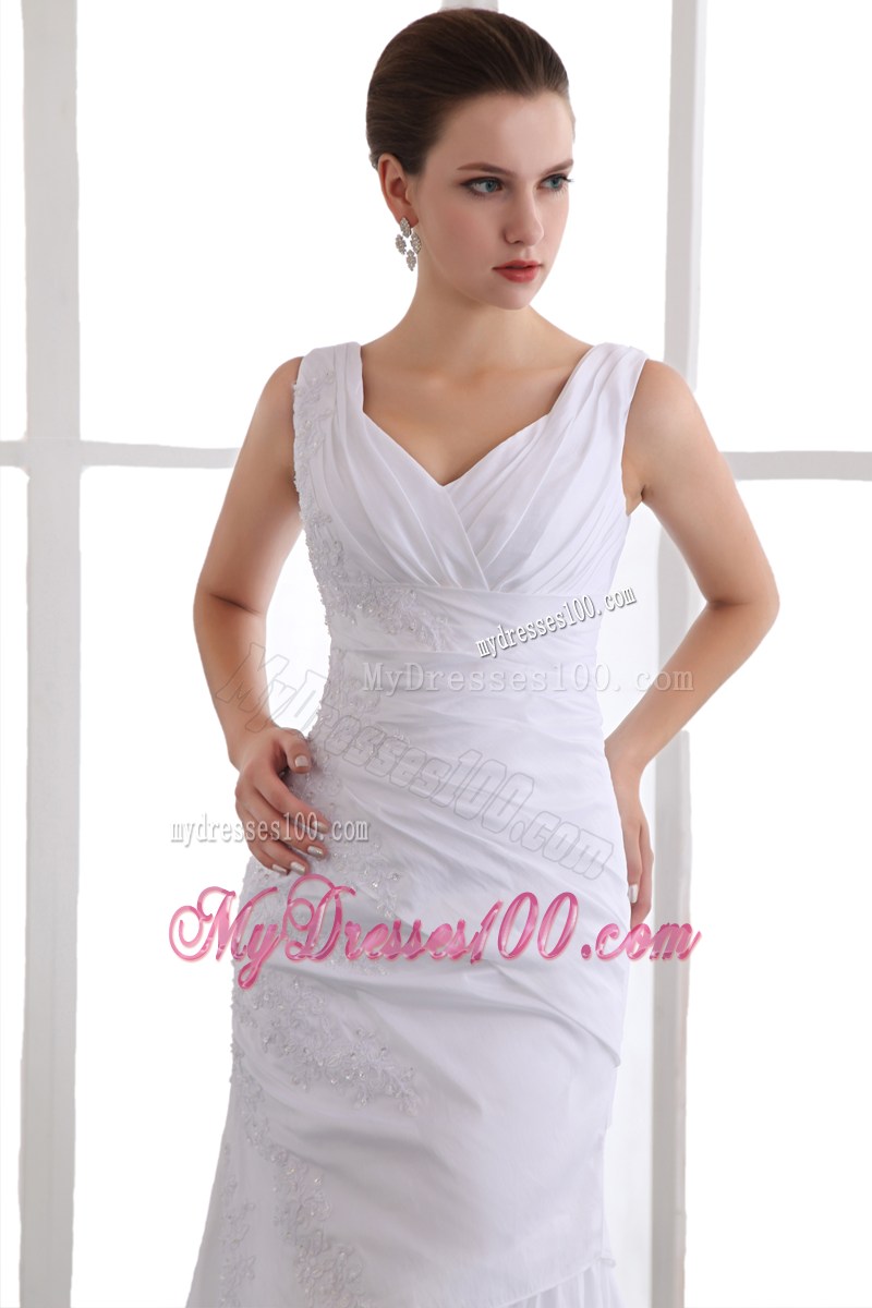 V-neck White Column Prom Dresses of Ankle-length