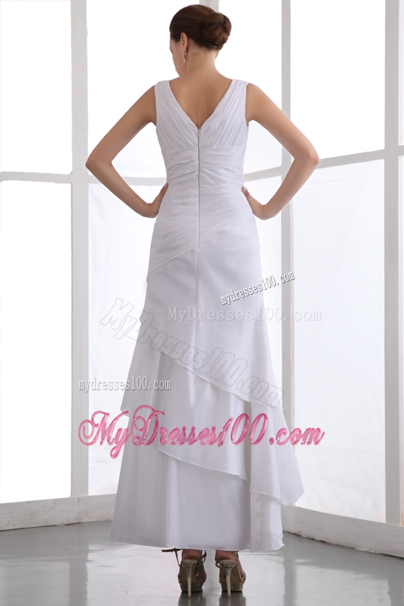 V-neck White Column Prom Dresses of Ankle-length