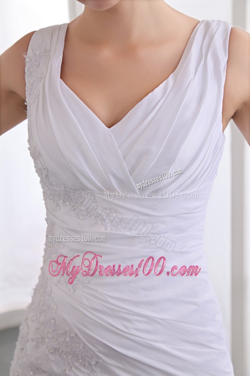 V-neck White Column Prom Dresses of Ankle-length