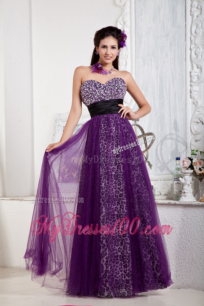 Beaded Sweetheart A-line Tulle Prom Gown in Purple Color