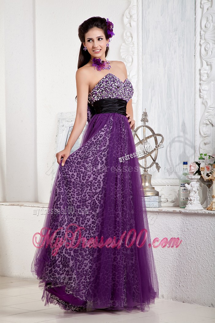 Beaded Sweetheart A-line Tulle Prom Gown in Purple Color