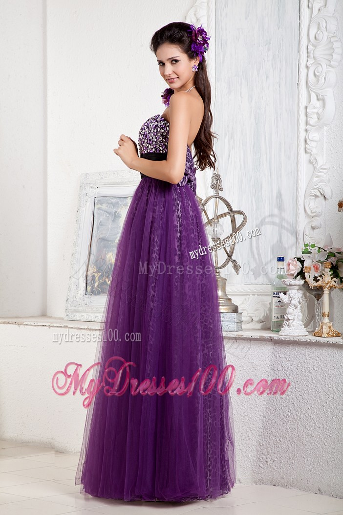 Beaded Sweetheart A-line Tulle Prom Gown in Purple Color