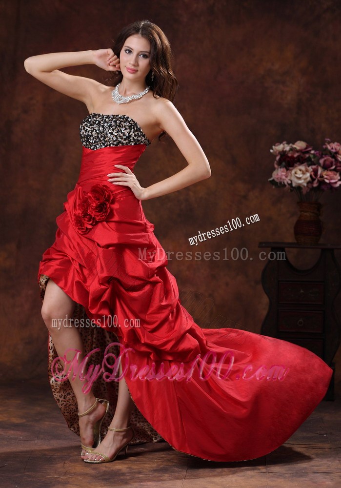 Diamond Ruching and Handle Flowers Prom Gown with Leopard and Court Train