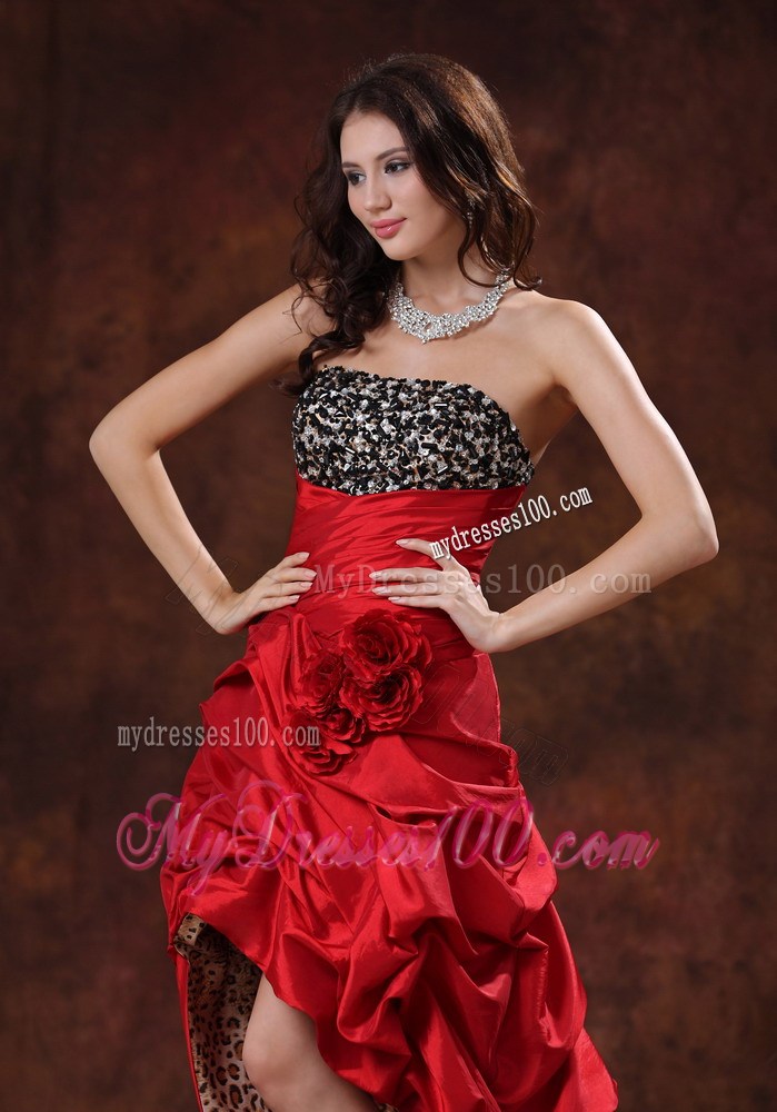Diamond Ruching and Handle Flowers Prom Gown with Leopard and Court Train