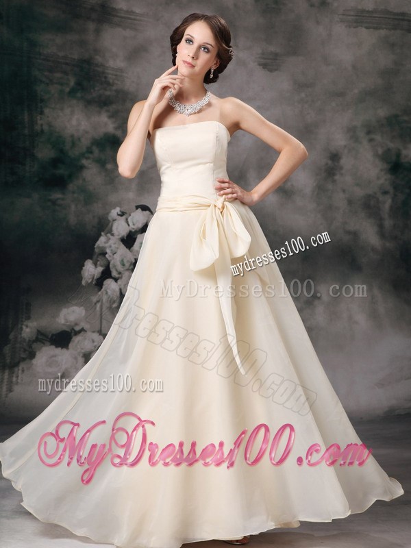 Strapless Cream Colored Organza Prom Dress with Bowknot