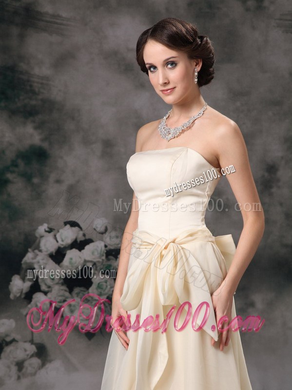 Strapless Cream Colored Organza Prom Dress with Bowknot
