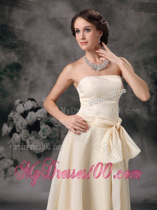 Strapless Cream Colored Organza Prom Dress with Bowknot
