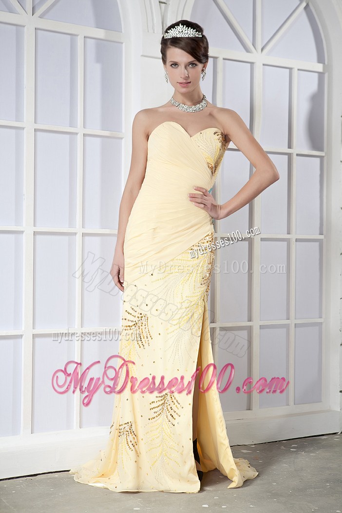 Beading and Ruches Accent on Light Yellow Prom Dress