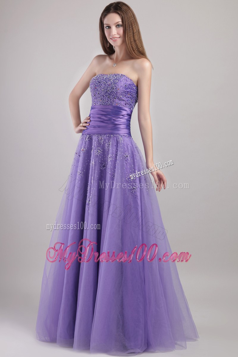 Beading and Wide Ruched Belt Lavender A-line Prom Dress