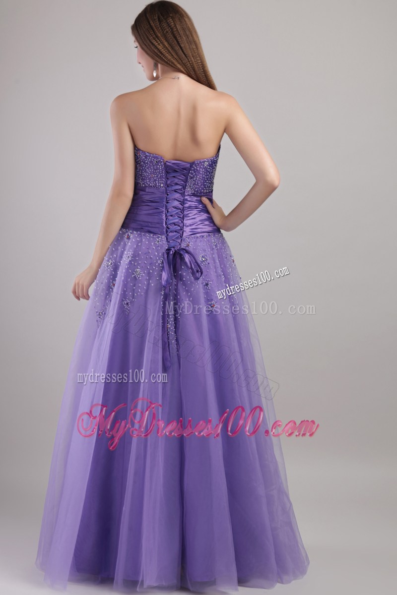 Beading and Wide Ruched Belt Lavender A-line Prom Dress
