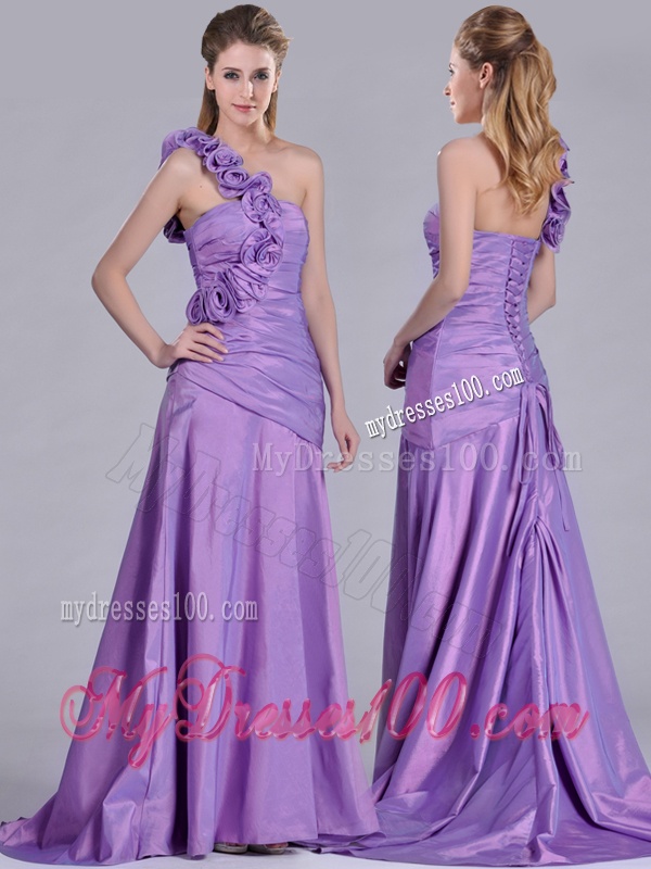 Lovely Brush Train Lilac Evening Dress with Hand Made Flowers Decorated One Shoulder