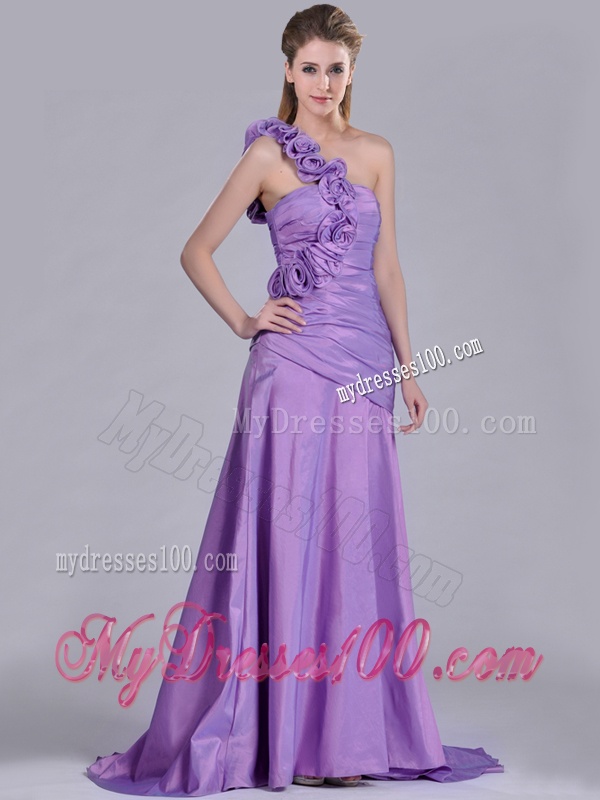 Lovely Brush Train Lilac Evening Dress with Hand Made Flowers Decorated One Shoulder