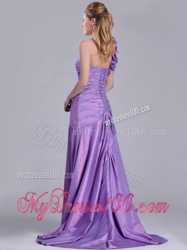 Lovely Brush Train Lilac Evening Dress with Hand Made Flowers Decorated One Shoulder