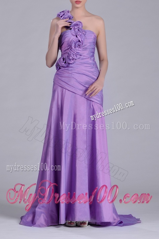 Lovely Brush Train Lilac Evening Dress with Hand Made Flowers Decorated One Shoulder
