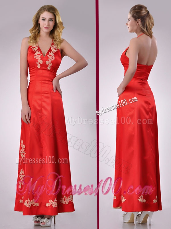 Modest Column Halter Top Backless Red Evening Dress with Appliques