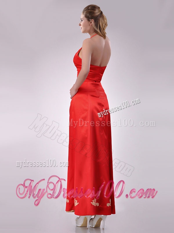 Modest Column Halter Top Backless Red Evening Dress with Appliques