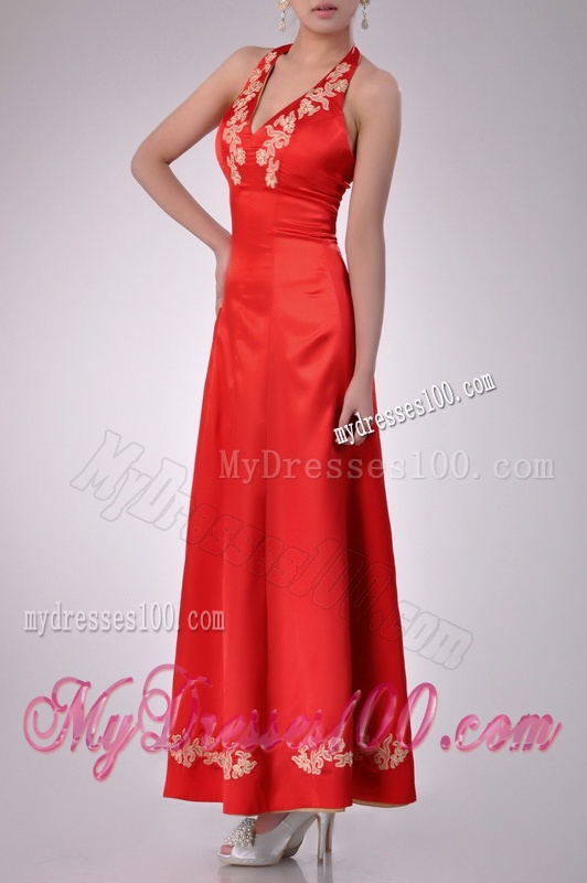 Modest Column Halter Top Backless Red Evening Dress with Appliques