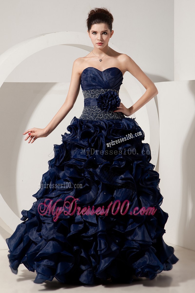 Ruffles and Embroidery Accent Prom Dresses in Navy Blue