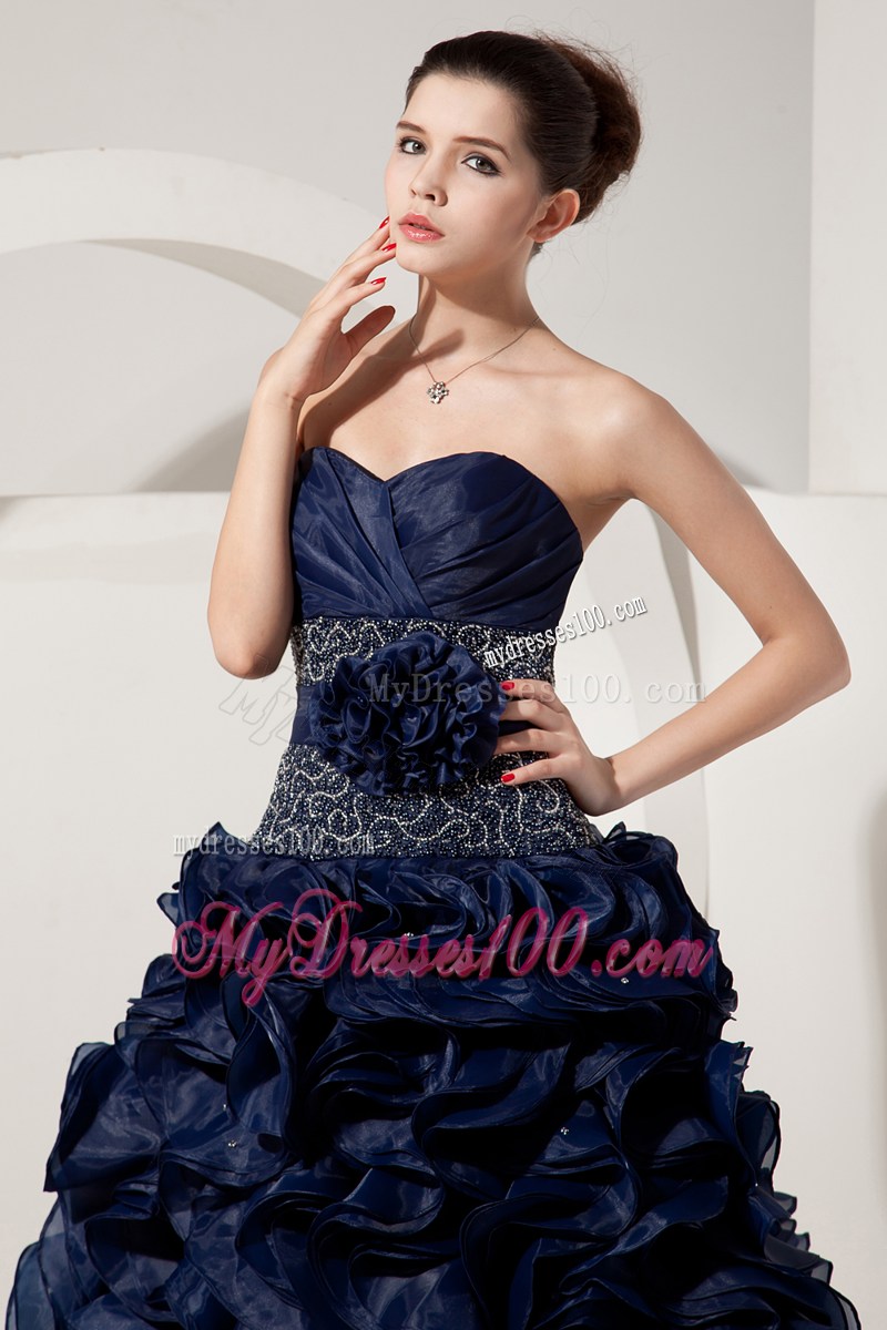 Ruffles and Embroidery Accent Prom Dresses in Navy Blue
