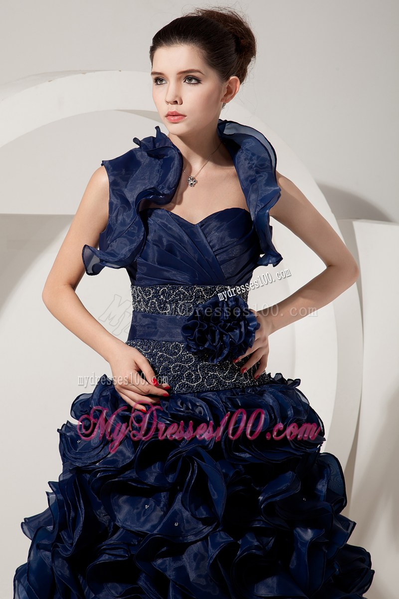 Ruffles and Embroidery Accent Prom Dresses in Navy Blue