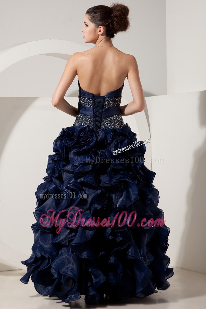 Ruffles and Embroidery Accent Prom Dresses in Navy Blue
