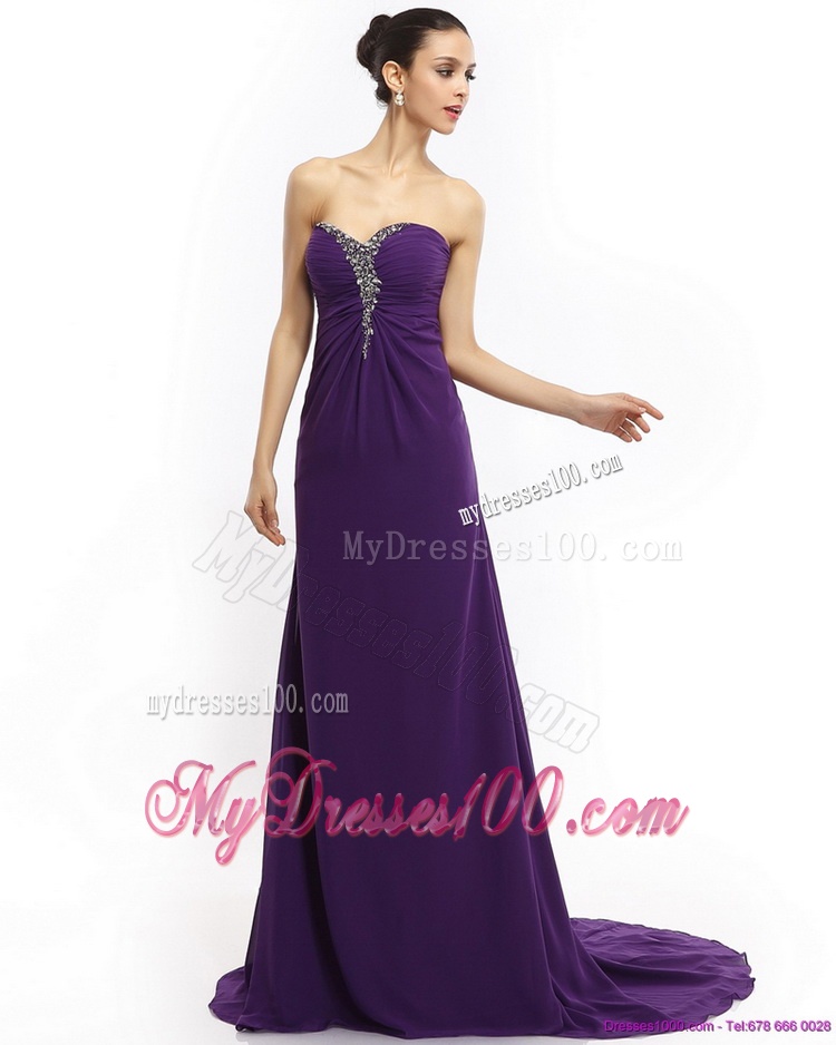 New Style 2016 Brush Train Sweetheart Evening Dress with Ruching and Beading