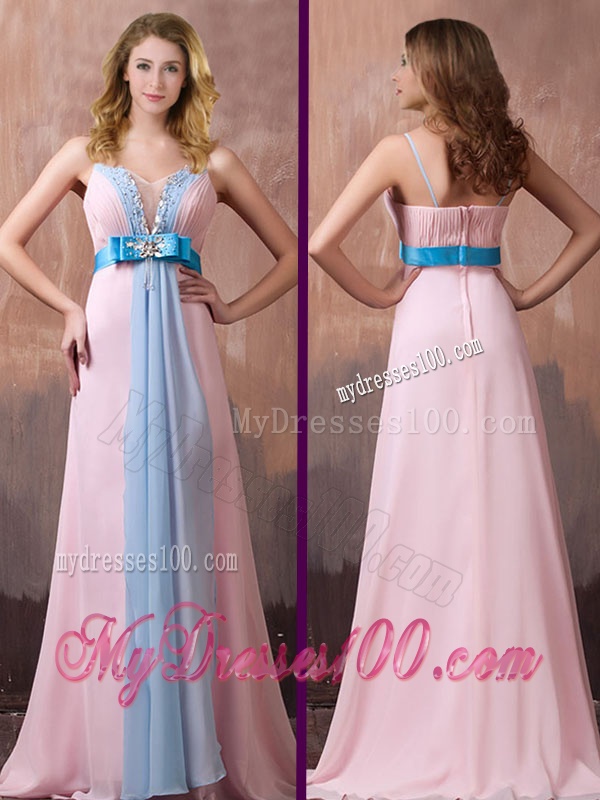 New Style Spaghetti Straps Beaded and Bowknot Evening Dress with Brush Train