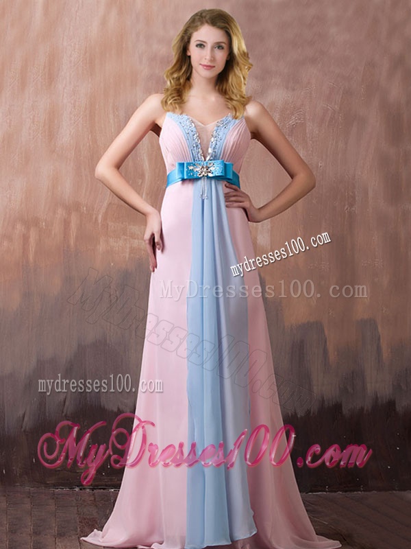 New Style Spaghetti Straps Beaded and Bowknot Evening Dress with Brush Train