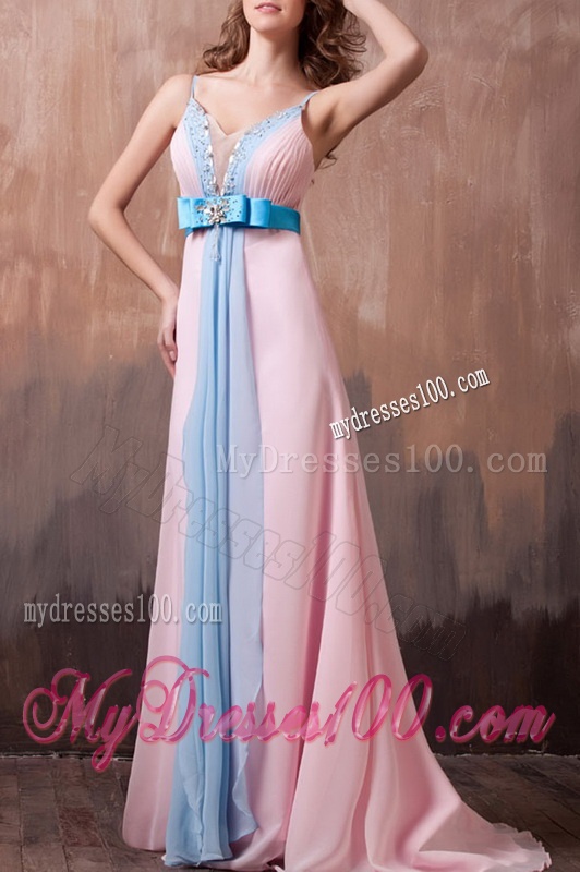 New Style Spaghetti Straps Beaded and Bowknot Evening Dress with Brush Train