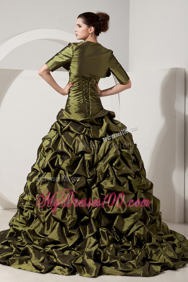 Olive Green A-line Sweetheart Quince Dress with Beading and Pick-ups