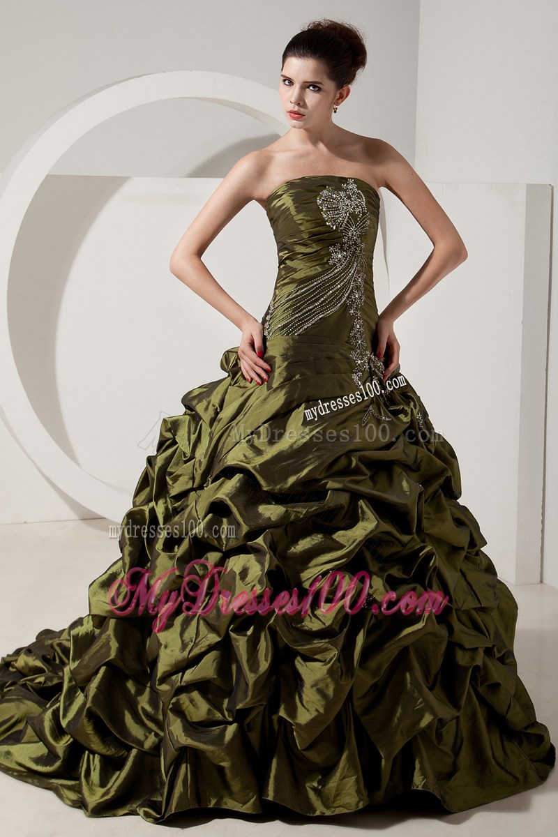 Olive Green A-line Sweetheart Quince Dress with Beading and Pick-ups