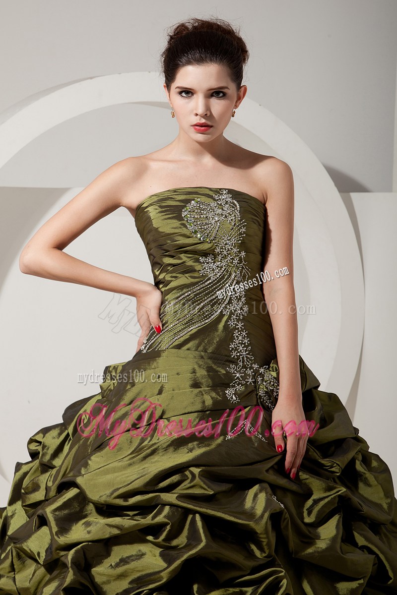 Olive Green A-line Sweetheart Quince Dress with Beading and Pick-ups