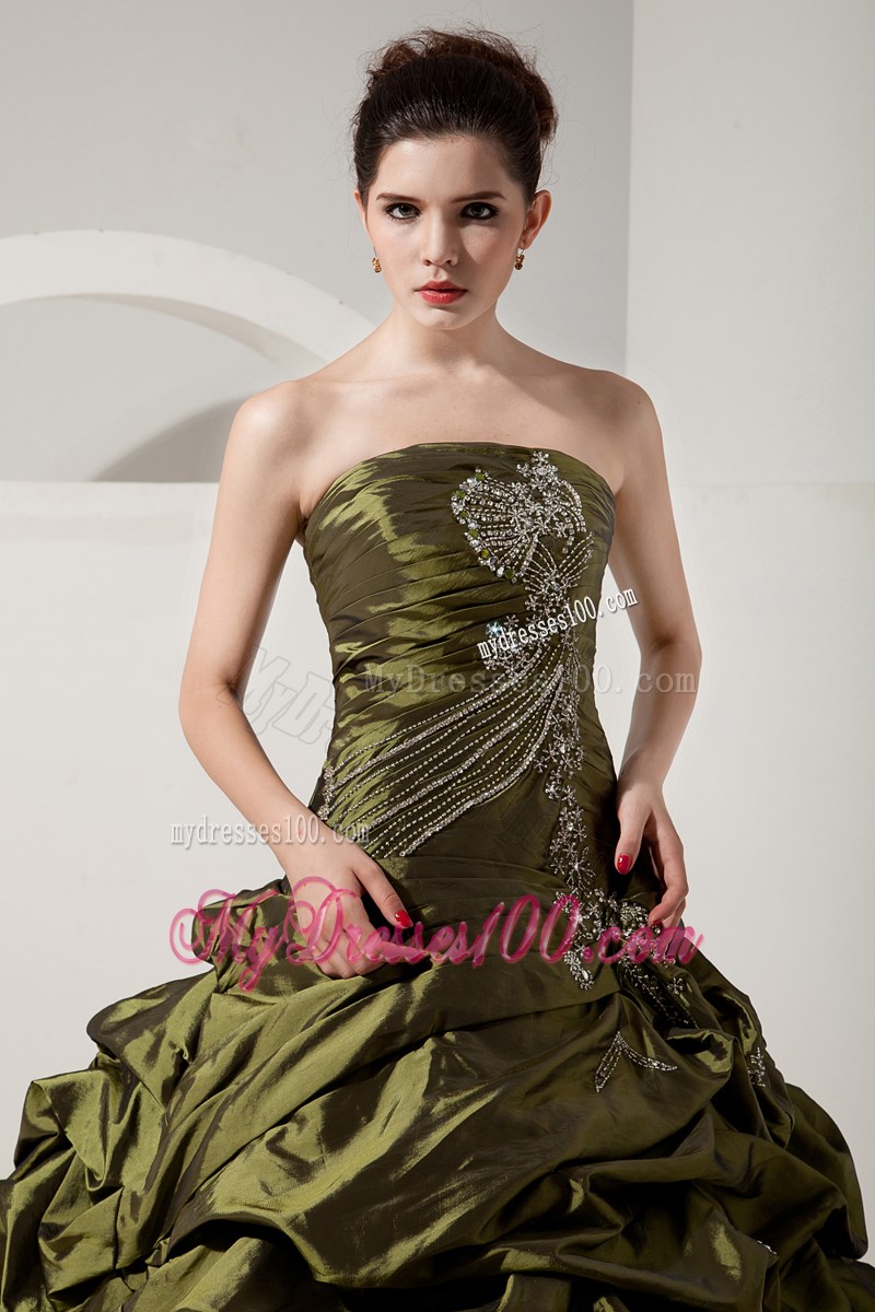 Olive Green A-line Sweetheart Quince Dress with Beading and Pick-ups