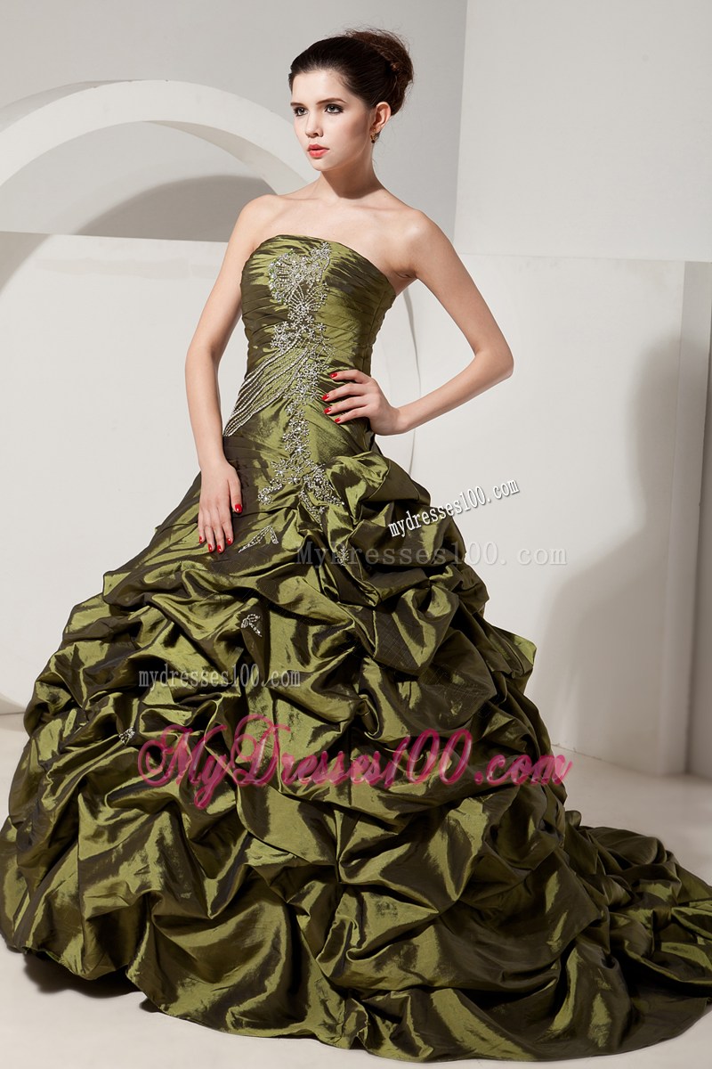 Olive Green A-line Sweetheart Quince Dress with Beading and Pick-ups